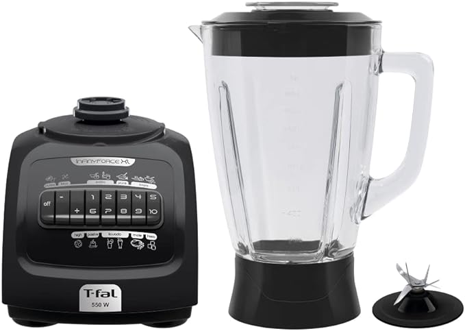 T-fal LN8208MX Infinyforce XL - Licuadora 10 Velocidades, 550 W, Vaso de Vidrio de 2.2 L, 6 cuchillas, Acople de Policarbonato, Negra