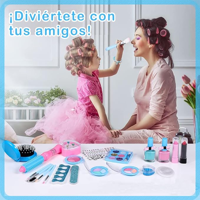 TAGNEFLOR Maquillaje para Niñas, Estuche Maquillaje Niña Real, Lavables, Juego de Maquillaje de Princesa para , Regalo de cumpleaños de Navidad, 32 Piezas (Poliéster)