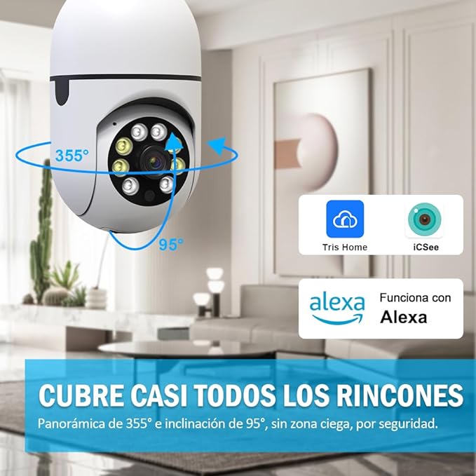 EASYTAO Q09 Foco con Camara de Seguridad WiFi, 2MP Camara de Foco, iCSee O Tris Home App, Base E27, Visión Nocturna, Audio Bidireccional, Detección de Movimiento con Alerta, Compatible con Alexa