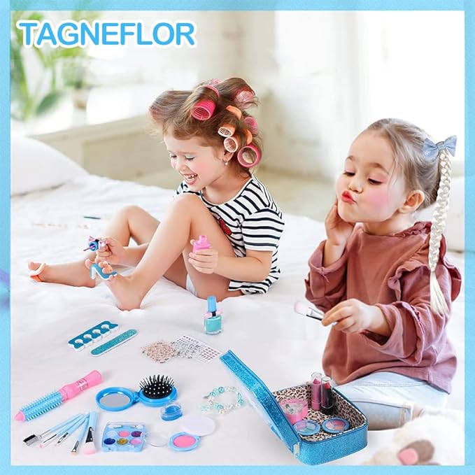 TAGNEFLOR Maquillaje para Niñas, Estuche Maquillaje Niña Real, Lavables, Juego de Maquillaje de Princesa para , Regalo de cumpleaños de Navidad, 32 Piezas (Poliéster)