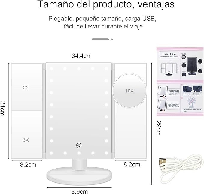 Espejo para Maquillaje con Aumento y Luz LED,Espejo de Maquillaje de Aumento con Luces LED de Intensidad Ajustable, Espejo Cosmético Tríptico con Rotación de 180°, Funciona con Cable de Alimentación o Pilas AAA (Blanco)