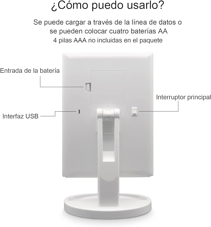 Espejo para Maquillaje con Aumento y Luz LED,Espejo de Maquillaje de Aumento con Luces LED de Intensidad Ajustable, Espejo Cosmético Tríptico con Rotación de 180°, Funciona con Cable de Alimentación o Pilas AAA (Blanco)