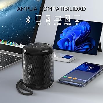 1 Hora Bocina Bluetooth Portatil 5.1, Mini Altavoz Inalámbrico con Manos Libres/Micro USB/Radio FM/TF, Compatible con Phone, Tablet, Computadores, Ideal para Viajar, Campear, Negro