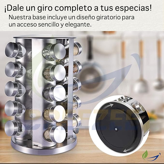 BREEZEE MARKET Especiero Organizador De Acero Inoxidable Giratorio 360º Con 20 Frascos De Vidrio Para Especias Y Condimentos De Cocina, Alacena Gabinete Estante Organizadores De Despensas Resistentes