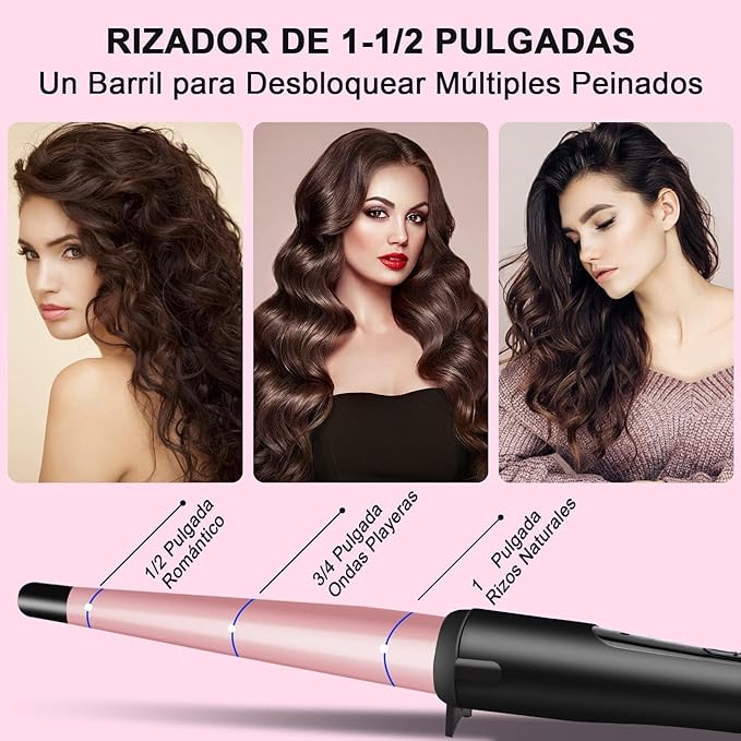 Rizador de Pelo Profesional, Moldeador Cabello de Cerámica 1 Tubo, Juego de Rizadora para Cabello con Guantes Peines y Clips, Calentamiento Rápido y Temperatura Ajustable, para Todo Tipo de Pelo