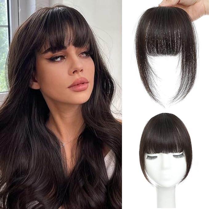 Fleco Postizo Cabello Natural, Flequillo de Cabello Humano con Clip para Mujer, Flequillo de Pelo Natural, Extensión de flequillo, Extensiones de Cabello Natural, marrón oscuro.