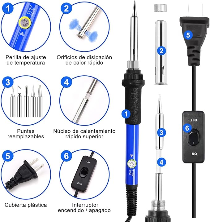 Kit de Soldadura Electronica 21 Piezas, Kit de Soldador Temperatura Ajustable con Multímetro Digital, Soporte para Soldador, Alambre de Soldadura, Pelacables, 5 Puntas del Soldador, para Mantenimiento