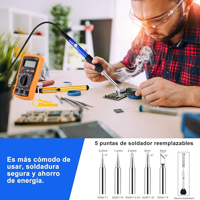 Kit de Soldadura Electronica 21 Piezas, Kit de Soldador Temperatura Ajustable con Multímetro Digital, Soporte para Soldador, Alambre de Soldadura, Pelacables, 5 Puntas del Soldador, para Mantenimiento