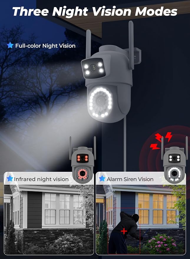 ANBIUX 2.5K/6MP Camara de Seguridad Exterior, 2 en 1 Cámaras de Seguridad con Lente Doble, Visión Nocturna Color 30M, Seguimiento automático, Sirena, Audio Bidireccional, IP66, poyo Teléfono/PC/NVR