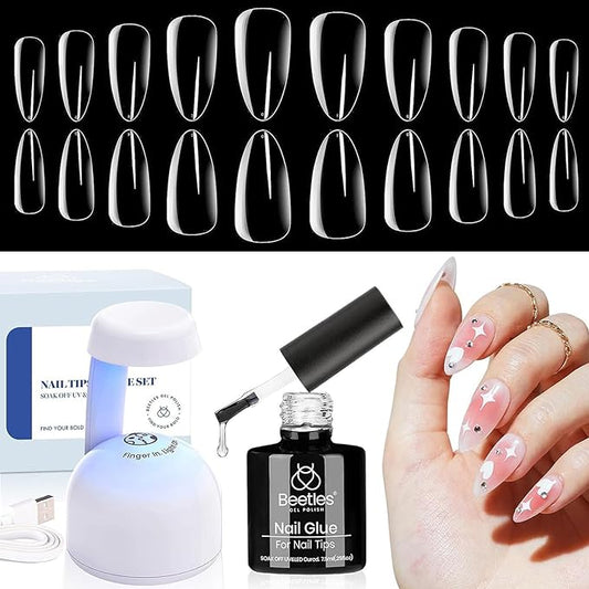 Beetles Kit de uñas de gel fácil juego de extensión de uñas, 500 piezas preformadas de gel suave de almendra mediana con base de gel de pegamento multiusos 5 en 1, lámpara de uñas LED UV para arte de uñas, regalos para el hogar para niñas