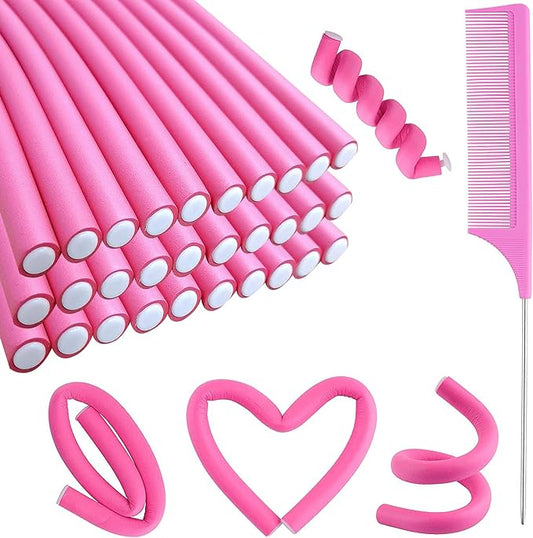 30 pcs Flexible Curling Rods Hair Curlers Rollers Heatless Hair Curlers Hair Rollers and Steel Comb for Short and Long Hair