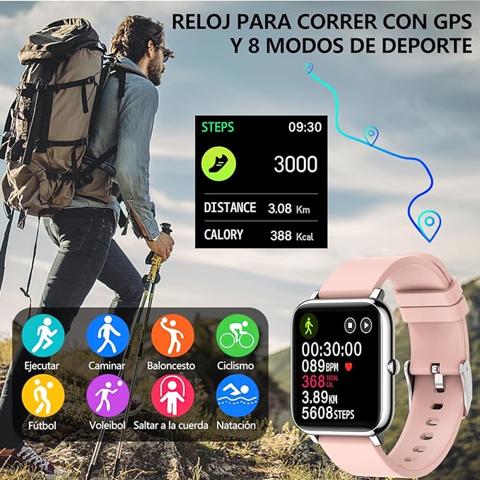 Salandens Smartwatch, Smart Watch for Women and Men Smartwatch Blood Pressure Monitor Bracelet, IP67 Waterproof, with Heart Rate Monitor, Calorie Monitor, Pedometer, GPS, etc. 