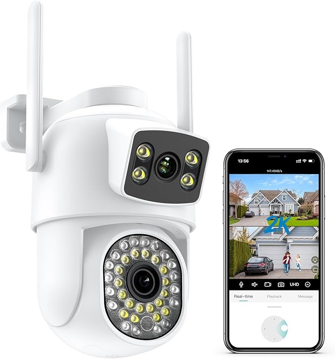 ANBIUX 2.5K/6MP Camara de Seguridad Exterior, 2 en 1 Cámaras de Seguridad con Lente Doble, Visión Nocturna Color 30M, Seguimiento automático, Sirena, Audio Bidireccional, IP66, poyo Teléfono/PC/NVR