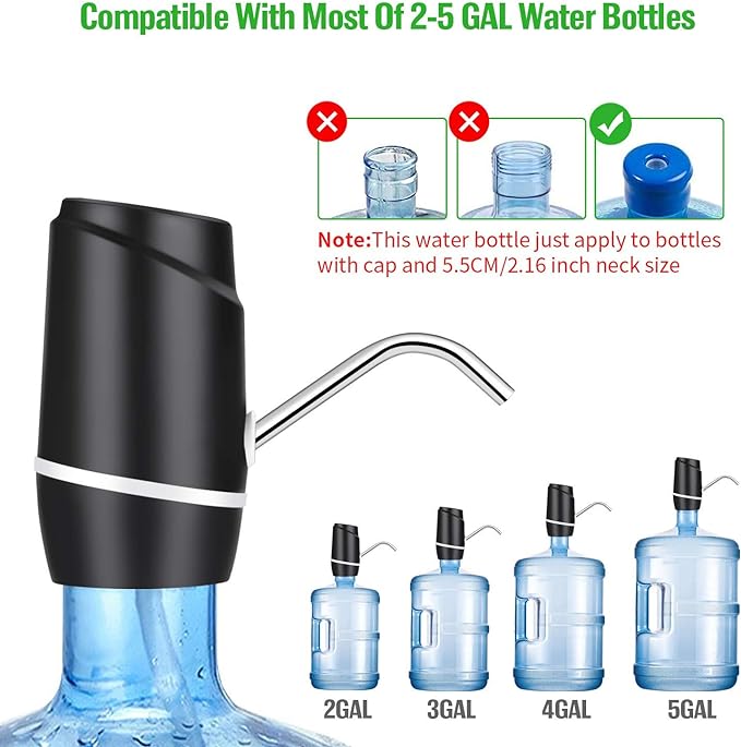 LETTURE Dispensador de Agua, Con 2 Pack Tubos de Silicona Incorporado de Doble Parachoques Dispensador de Agua Electrico Bomba de Agua Potable Eléctrica Inalámbrica Campamento de Botella Recargable Agua Potable Bombeo Rápido Botella de Galón Universal