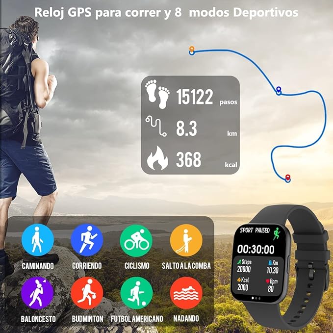 Smartwatch Reloj Inteligente,Salandens 1.72" Hombre Mujer Pulsera Inteligente, Pantalla Táctil Completa Impermeable IP68, Con Pulsómetro y Presión Arterial.