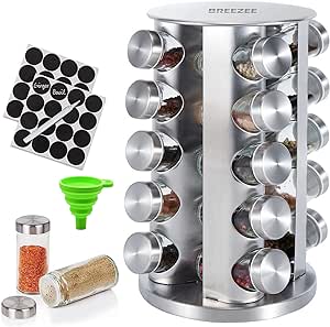 BREEZEE MARKET 360° Rotating Stainless Steel Spice Rack Organizer with 20 Glass Jars for Kitchen Spices and Condiments, Cupboard Cabinet Shelf Heavy Duty Pantry Organizers