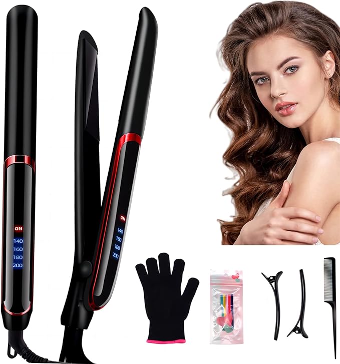 Hair Straightener, 2 in 1 Professional Ceramic Hair Straightener, Hair Straightener and Curler with LED Display, Portable Hair Straightener with 4 Adjustable Temperatures and Anti-Scald, Hair Straightener, for Home and Salon