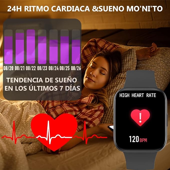 Smartwatch Reloj Inteligente,Salandens 1.72" Hombre Mujer Pulsera Inteligente, Pantalla Táctil Completa Impermeable IP68, Con Pulsómetro y Presión Arterial.