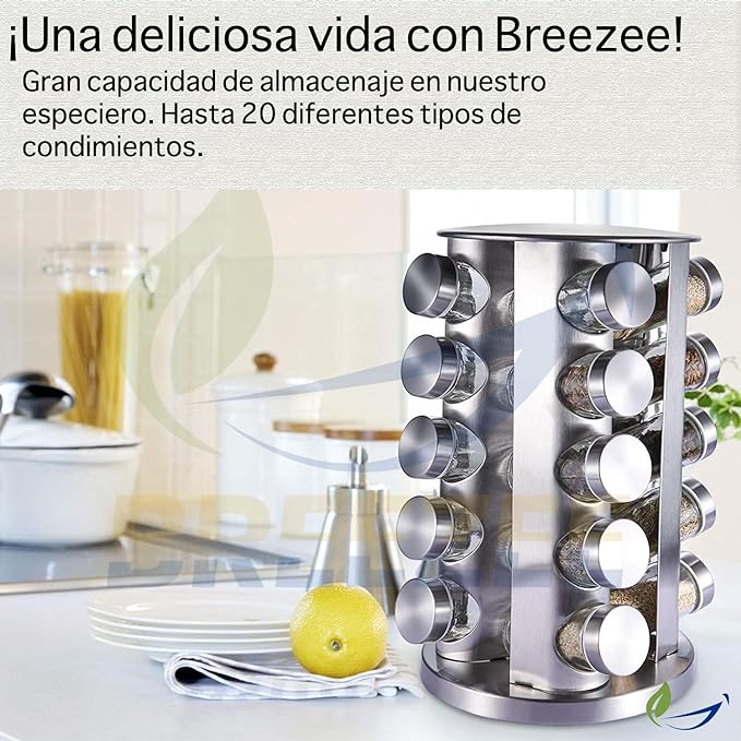 BREEZEE MARKET Especiero Organizador De Acero Inoxidable Giratorio 360º Con 20 Frascos De Vidrio Para Especias Y Condimentos De Cocina, Alacena Gabinete Estante Organizadores De Despensas Resistentes