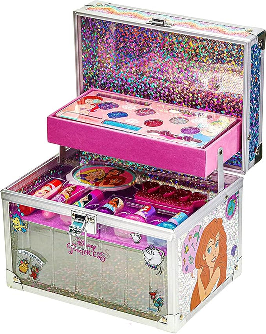 Disney Princess - Townley Girl Train Case El juego de maquillaje cosmético incluye brillo de labios, brillo de ojos, brocha, esmalte de uñas, accesorios ¡y más! para niñas