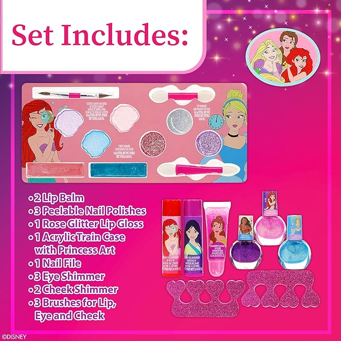 Disney Princess - Townley Girl Train Case El juego de maquillaje cosmético incluye brillo de labios, brillo de ojos, brocha, esmalte de uñas, accesorios ¡y más! para niñas